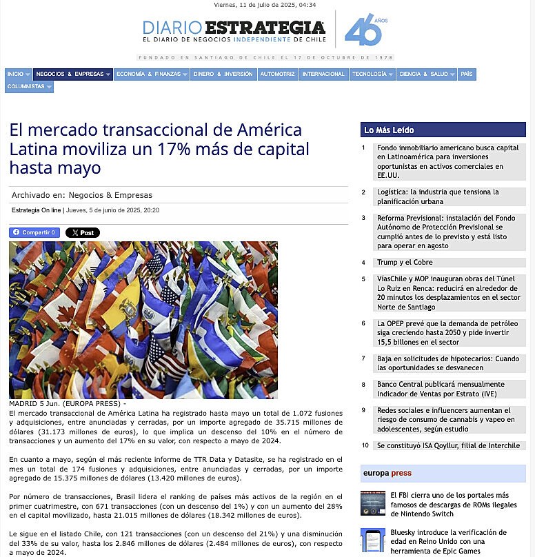 El mercado transaccional de Amrica Latina moviliza un 17% ms de capital hasta mayo